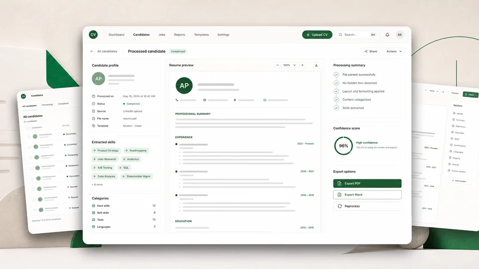 CVReady dashboard processing a candidate CV into a structured profile
