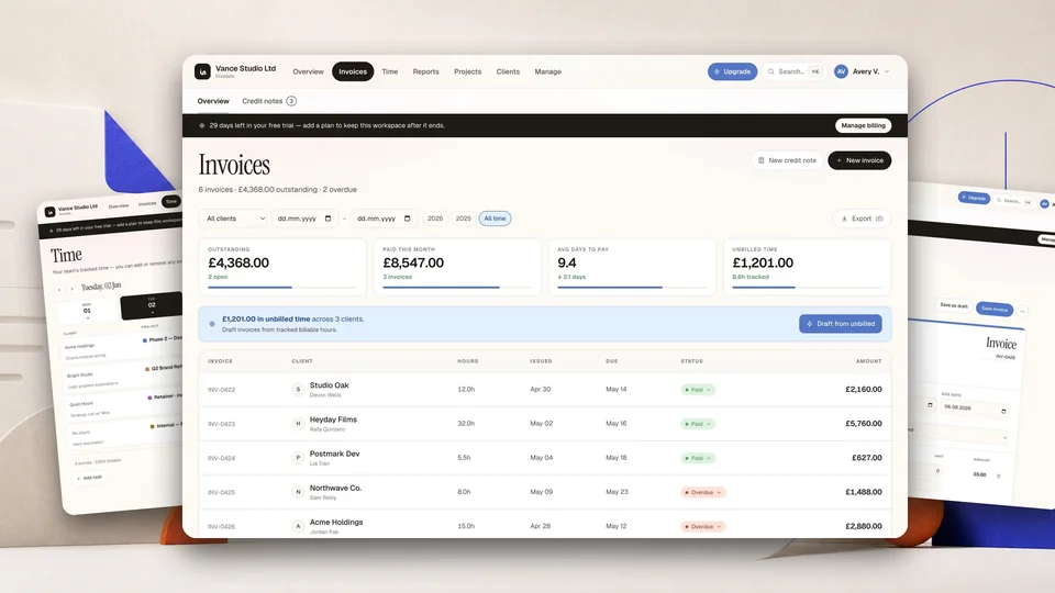 Invoisin dashboard turning tracked time into an invoice ready to send